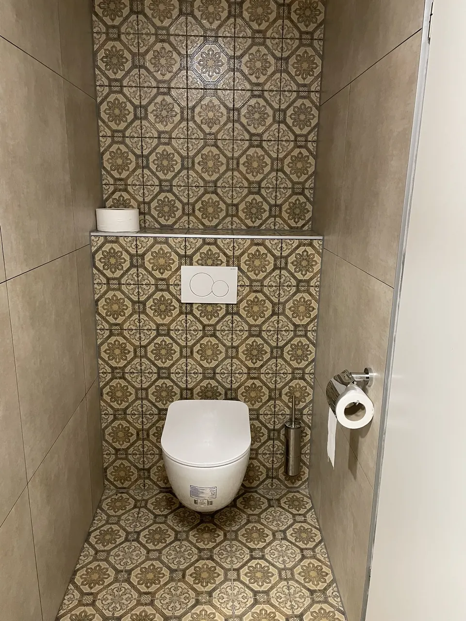 Patterned-tile restroom